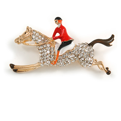 Crystal Racing Horse and Jockey Brooch In Gold Tone Metal - 55mm Across - main view