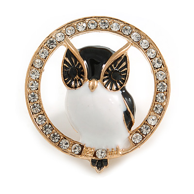 Adorable Black/ White Enamel Owl In The Crystal Circle Brooch In Gold Tone Metal - 35mm Diameter - main view