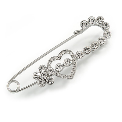 Clear Crystal Heart and Flower Safety Pin Brooch In Silver Tone - 70mm L