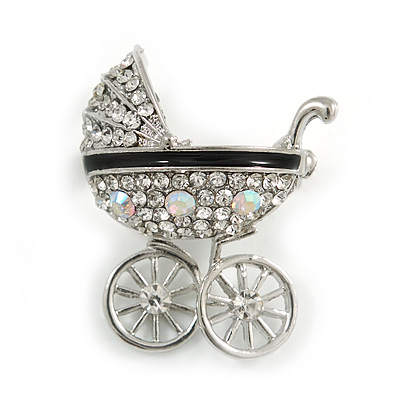 Clear and AB Crystal Pram Brooch Baby's Pram Carriage in Silver Tone Metal - 35mm Tall - main view
