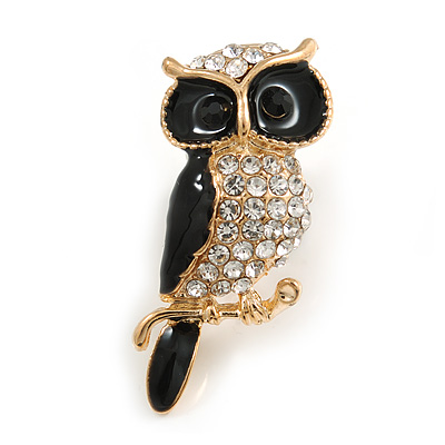 Small Adorable Crystal Black Enamel Owl Brooch In Gold Tone Metal - 33mm Tall - main view