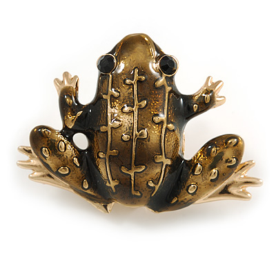 Funky Dark Olive Enamel Frog Brooch In Gold Tone Metal - 40mm Across - main view