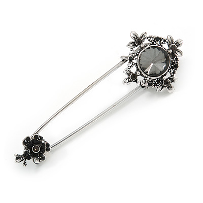Victorian Style Grey Crystal Safety Pin Brooch In Aged Silver Tone Metal - 70mm Long - main view