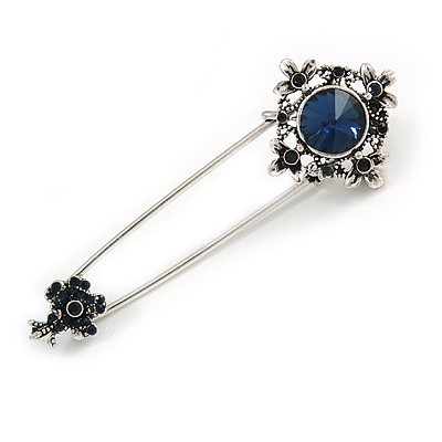 Victorian Style Midnight Blue Crystal Safety Pin Brooch In Aged Silver Tone Metal - 70mm Long - main view