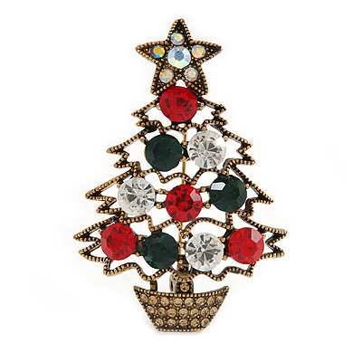 Vintage Inspired Crystal Christmas Tree in The Pot Brooch In Aged Gold Tone Metal - 55mm Tall