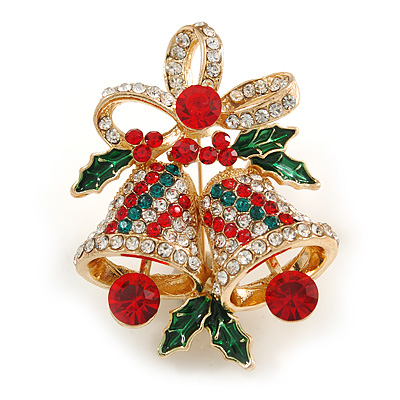 Christmas Crystal Jingle Bells Brooch In Gold Tone Metal (Red/ Green/ Clear) - 50mm Tall - main view