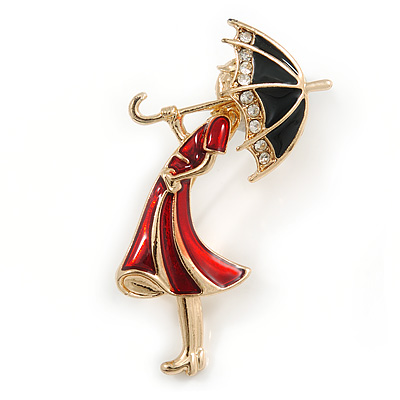 Red/ Black Enamel Lady with Crystal Umbrella Brooch In Gold Tone - 50mm Tall - main view