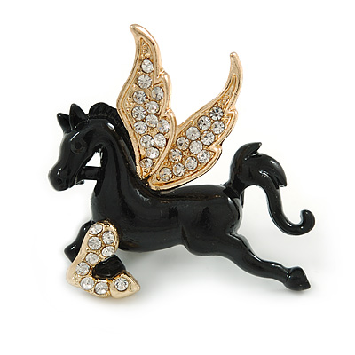 Black Pegasus/ Horse with Gold Crystal Wings Brooch - 40mm Across - main view