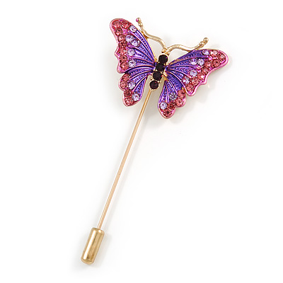 Gold Tone Pink/ Purple Enamel Crystal Butterfly Lapel, Hat, Suit, Tuxedo, Collar, Scarf, Coat Stick Brooch Pin - 63mm Long