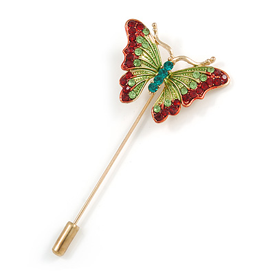 Gold Tone Light Green/ Red Enamel Crystal Butterfly Lapel, Hat, Suit, Tuxedo, Collar, Scarf, Coat Stick Brooch Pin - 63mm Long
