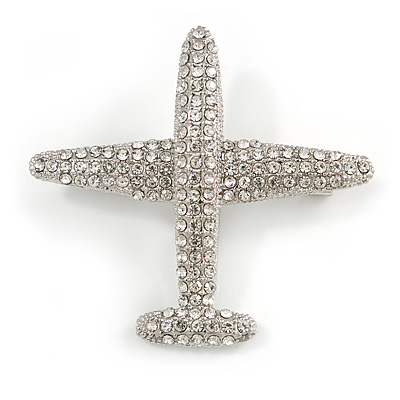 Clear Crystal Aeroplane Brooch In Silver Tone Metal - 50mm Across - main view