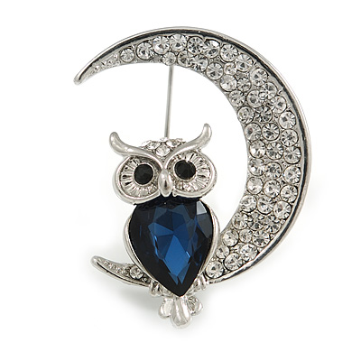 Blue/ Clear Crystal Owl On The Moon Brooch In Silver Tone Metal - 35mm Tall - main view
