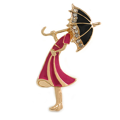 Purple/ Black Enamel Lady with Crystal Umbrella Brooch In Gold Tone - 50mm Tall - main view