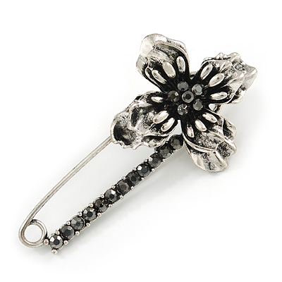 Large Vintage Inspired Hematite Crystal Flower Safety Pin Brooch In Aged Silver Tone - 70mm Across