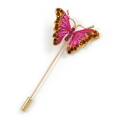 Gold Tone Deep Pink/ Orange Gold Enamel Crystal Butterfly Lapel, Hat, Suit, Tuxedo, Collar, Scarf, Coat Stick Brooch Pin - 63mm Long - main view