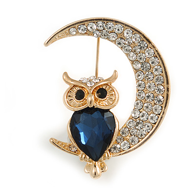 Blue/ Clear Crystal Owl On The Moon Brooch In Gold Tone Metal - 35mm Tall - main view