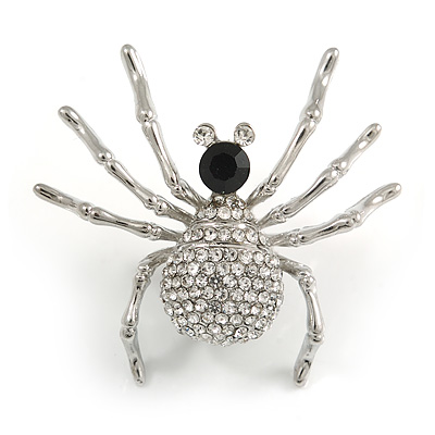 Sparkling Crystal Spider Brooch In Silver Tone Metal (Clear/ Black) - 40mm Tall - main view