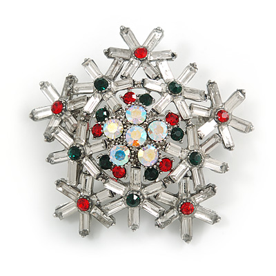 Christmas Crystal Snowflake Brooch In Silver Tone Metal (Red/ Green/ AB/ Clear) - 45mm Across - main view