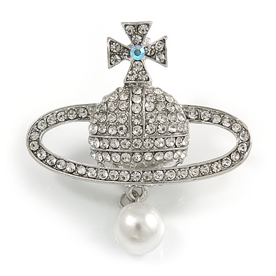 Silver Plated Clear Crystals Royal with Pearl Bead Brooch - 50mm Tall - main view