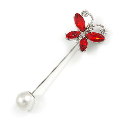 Small Red/ Clear Crystal Butterfly with Pearl Bead Lapel, Hat, Suit, Tuxedo, Collar, Scarf, Coat Stick Brooch Pin in Silver Tone - 60mm L - main view