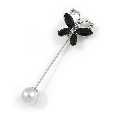 Small Black/ Clear Crystal Butterfly with Pearl Bead Lapel, Hat, Suit, Tuxedo, Collar, Scarf, Coat Stick Brooch Pin in Silver Tone - 60mm L - main view