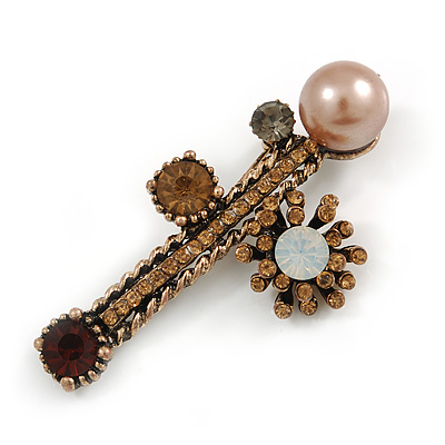 Vintage Inspired Crystal Pearl Fancy Brooch In Aged Gold Tone Metal (Topaz, Amber, Grey) - 65mm Across - main view