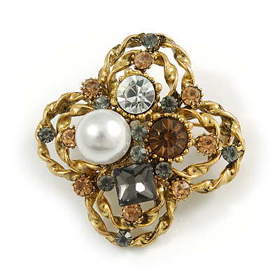 Vintage Inspired Crystal, Pearl Floral Brooch In Antique Gold Tone Metal - 45mm Diameter