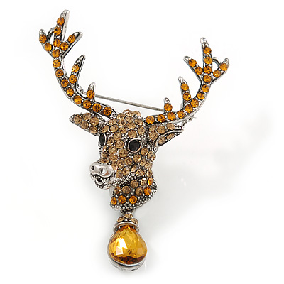 Statement Topaz Coloured Austrian Crystal Stags Head Brooch/ Pendant In Aged Silver Tone - 70mm Length - main view