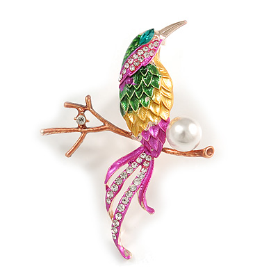 Exotic Multicoloured Enamel Crystal Bird Brooch In Gold Tone Metal - 65mm Tall - main view