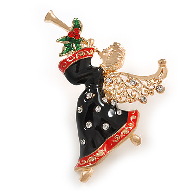 Beautiful Guardian Angel Black/ Red Enamel Clear/ Red Crystal Brooch In Gold Tone Xmas Christmas - 58mm L - main view