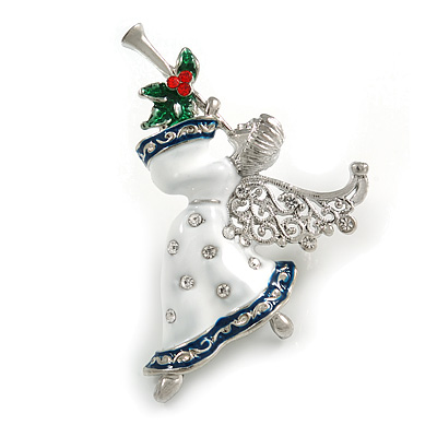 Beautiful Guardian Angel White/ Blue Enamel Clear/ Red Crystal Brooch In Silver Tone Xmas Christmas - 58mm L - main view