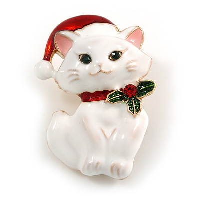 Xmas Christmas White Enamel Cat Kitty Brooch In Gold Tone - 40mm Tall - main view