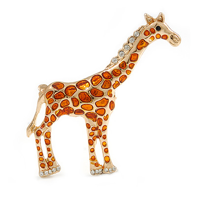 Gold Tone Crystal with Orange Spots Giraffe Brooch - 65mm Tall - main view