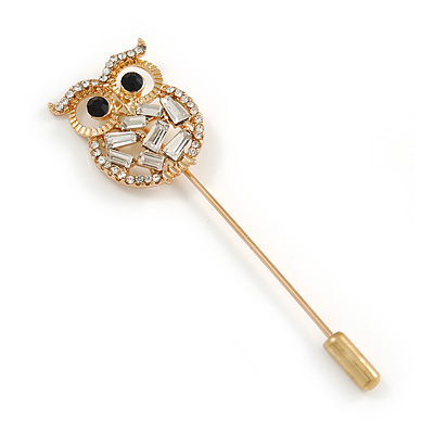 Gold Tone Clear Crystal Owl Lapel, Hat, Suit, Tuxedo, Collar, Scarf, Coat Stick Brooch Pin - 65mm L - main view