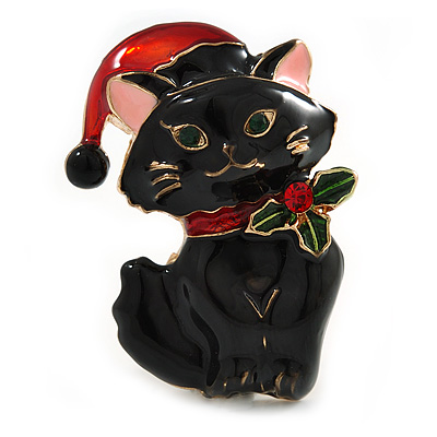 Xmas Christmas Black Enamel Cat Kitty Brooch In Gold Tone - 40mm Tall - main view