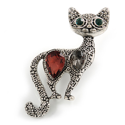 Vintage Inspired Textured Crystal Cat Brooch In Aged Silver Tone Metal - 50mm Tall - main view