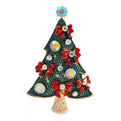 Green Enamel Crystal Christmas Tree with Red Bows In Gold Tone Metal - 52mm Tall - main view