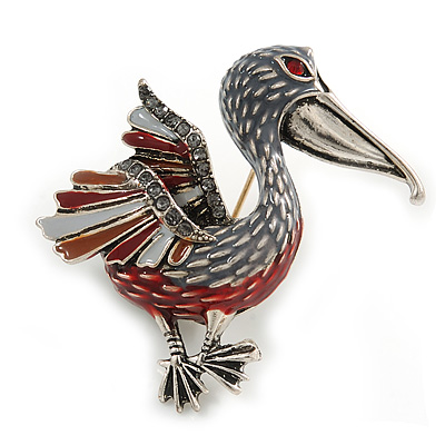 Red/ Grey Enamel Pelican Bird Brooch In Silver Tone Metal - 43mm Across - main view