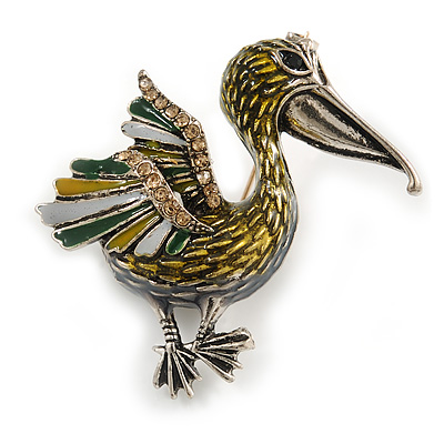 Olive/ Green/ Grey Enamel Pelican Bird Brooch In Aged Silver Tone Metal - 43mm Across - main view