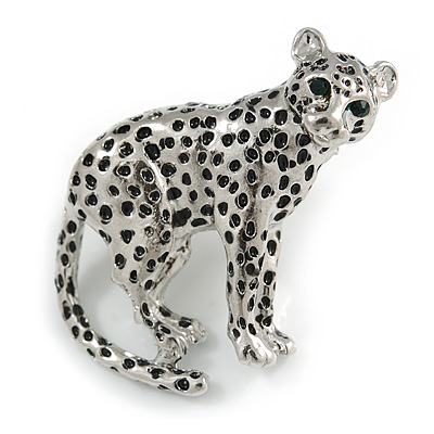 Unique Leopard Brooch In Silver Tone Metal with Black Spots - 42mm Across - main view