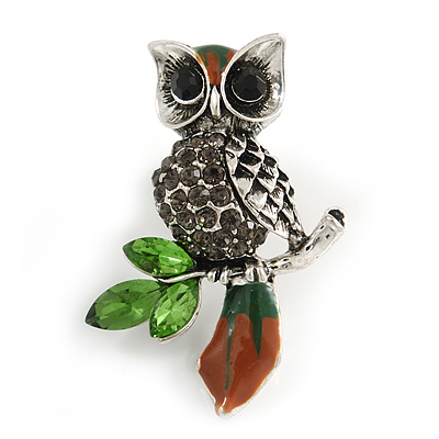 Wise Crystal Owl Brooch In Silver Tone Metal (Grey/ Green) - 40mm Long - main view