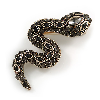 Small Grey/ Black Crystal Snake Brooch In Aged Gold Tone Metal - 40mm Long - main view