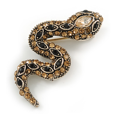 Small Champagne/ Black Crystal Snake Brooch In Aged Gold Tone Metal - 40mm Long