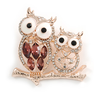 Crystal Owl Brooch In Rose Gold Tone (Clear/ Purple) - 43mm Tall - main view