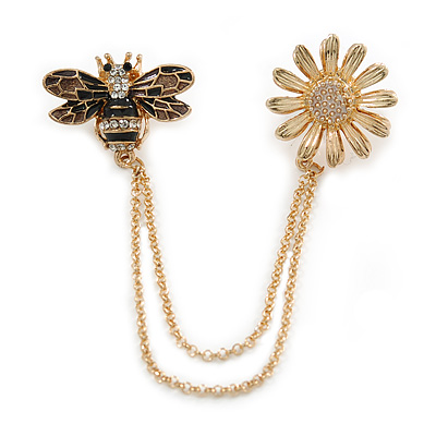 Bee and Flower Chain Brooch In Gold Tone Finish - main view