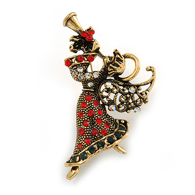 Beautiful Guardian Angel Clear/ Green/ Red Crystal Brooch In Aged Gold Tone Xmas Christmas - 50mm L