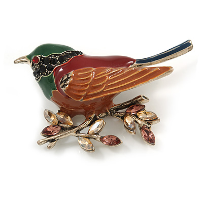 Brown/ Green/ Red Enamel, Crystal Robin/ Bullfinch Bird Brooch In Aged Gold Tone - 55mm Across - main view