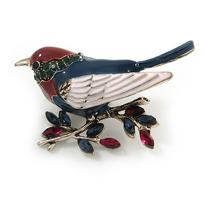 Red/ Blue/ White Enamel, Crystal Robin/ Bullfinch Bird Brooch In Silver Tone - 55mm Across - main view