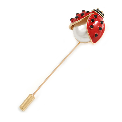 Gold Tone Red Enamel Faux Pearl Ladybird/ Lady Bug Lapel, Hat, Suit, Tuxedo, Collar, Scarf, Coat Stick Brooch Pin - 70mm Long - main view