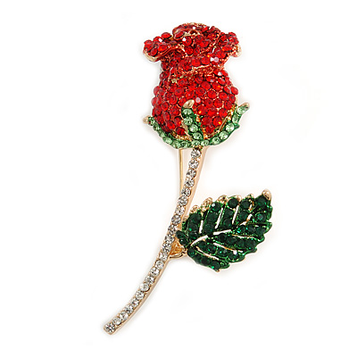 Statement Red/ Green/ Clear Crystal Rose Brooch In Gold Tone - 68mm Tall - main view